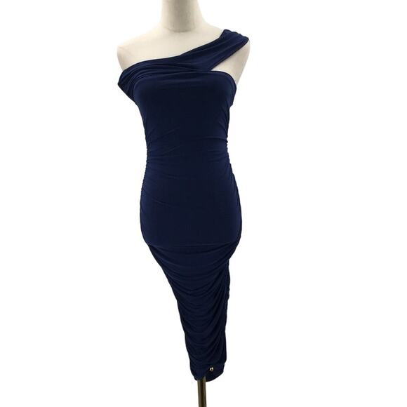 TRESSER S Navy Blue Sleeveless Ruched Bodycon One Shoulder Bodycon Dress NWT b80 - Picture 1 of 7